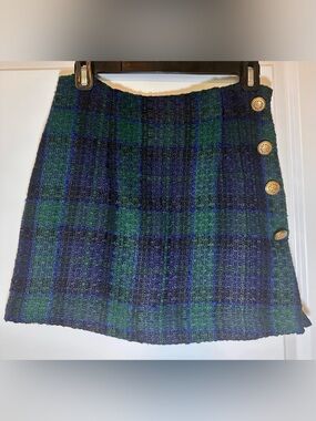 Plaid Tweed Mini Skirt in Navy & Green gold tone buttons sz Small
